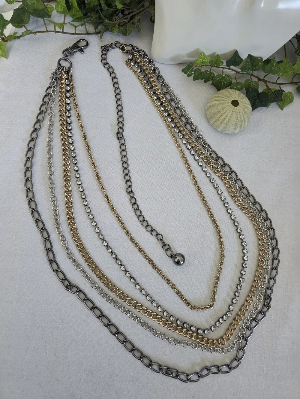Mixed Metal Rhinestone Layered Multi Strand Chain Belt